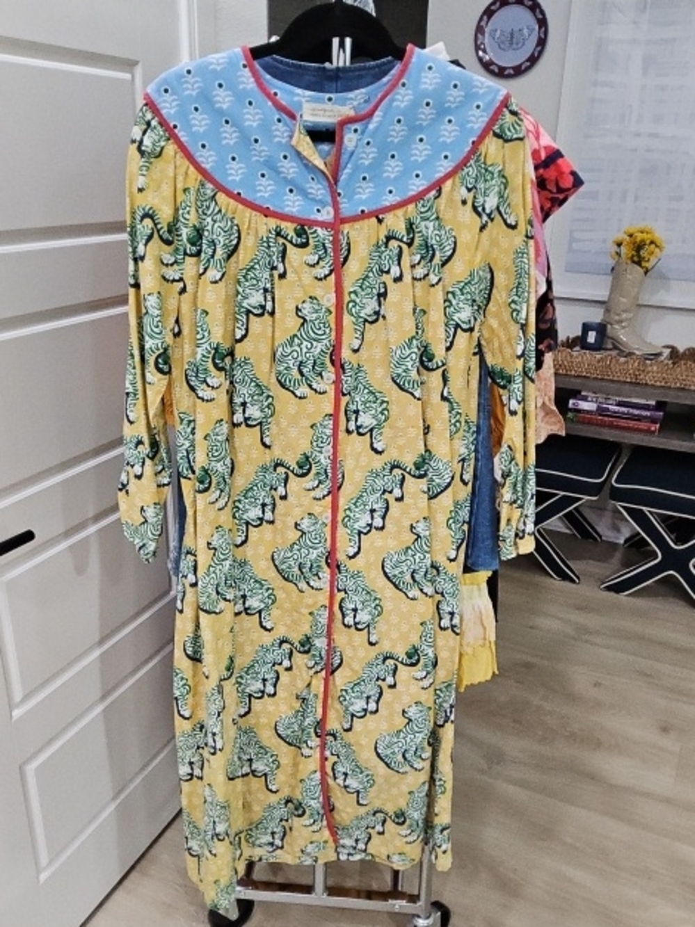 Printfresh Yellow Dress with Blue Yoke and Pink Trim